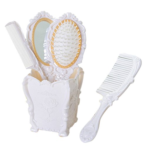 4pcs Hair Brush, Vintage Hair Brush Set for Women Mirror Brush Comb Set with Holder, Professional Hairbrushes Set, Handheld Mirror with Embossed Flower, Suitable for All Hair Types (White)