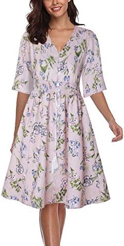 CHUNNA Women's Boho Floral Button up Half Sleeve Flowy Party Dress