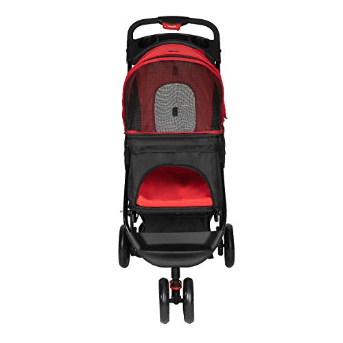 Peachtree Press Inc Foldable Pet Stroller Portable Travel Carrier for Dogs/Cats 3 Wheeler Pet Cart with Storage Basket Waterproof Cup Holders Red