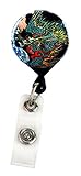 Buttonsmith® Hokusai Dragon Deluxe Retractable Badge Reel With Alligator Clip and Extra-Long 36 inch Standard Duty Cord - Made in the USA, 1 Year Warranty
