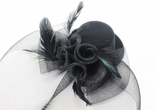 Women Black Feather Net and Veil Fascinator Hair Clip Hat for Wedding Tea Party
