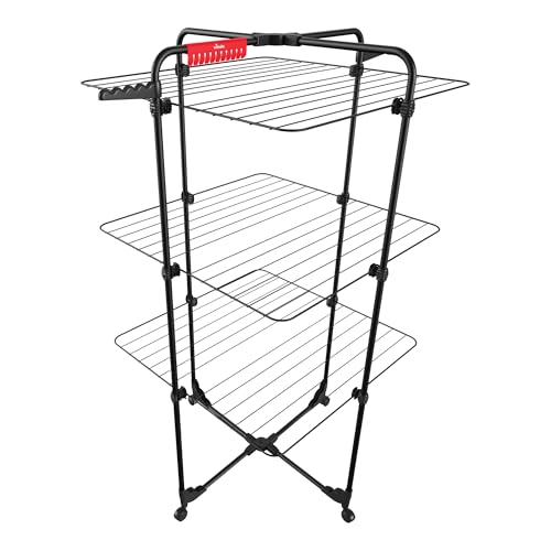 Vileda Mixer 3 Ultimate Turmwäscheständer Black Edition| Wäscheständer schwarz mit 30 m Trockenfläche | Flexibel, klappbar & transportabel - Schwenkbare Räder & extra Kleinteileplatz | Comfort-Pack