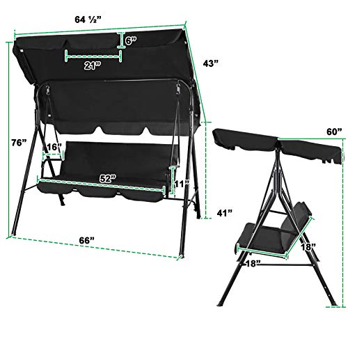 Flex HQ Patio Porch Swing Chair Canopy Outdoor Lounge 3-Person Seat Hang Bench Hammock (Black) - Thumbnail 6