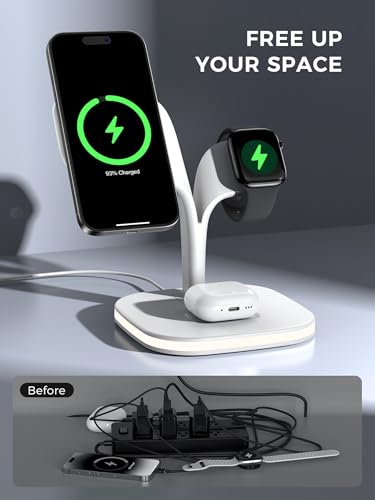 HJCE Cargador Inalámbrico 3 En 1 (para MagSafe), 3 En 1 Cargador Magsafe Compatible con iPhone 17, 16, 15, 14, 13, 12, Serie Apple Watch, Ultra, AirPods Pro 4/3/2 (Adaptador Incluido) (Blanco