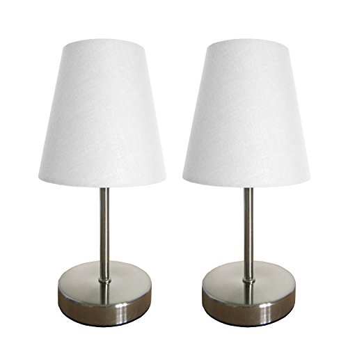 Simple Designs LT2013-WHT-2PK Sand Nickel Mini Basic Table Lamp 2 Pack Set with Fabric Shades, White