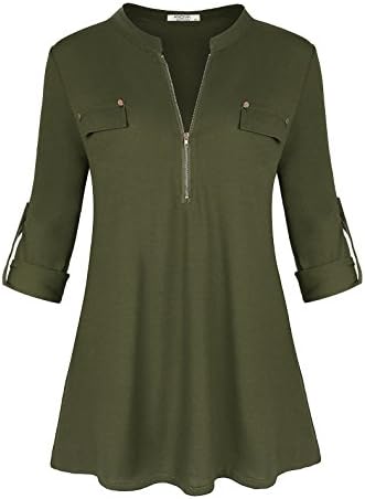 Ya Ya Hood Womens Split V-Neck 3/4 Roll-Up Sleeve Zip Up Casual Shirt Blouse Top (Green, Medium)