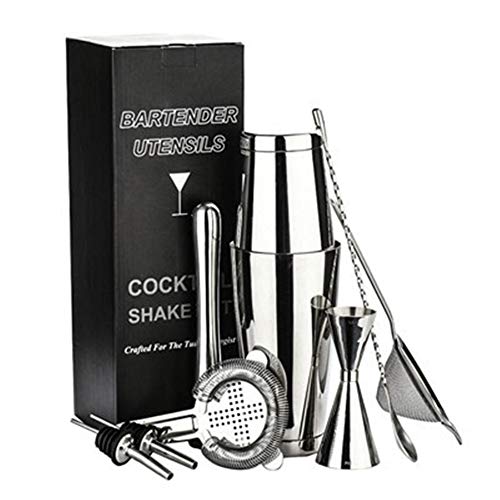 ARTFFEL Barkeeper-Set aus Edelstahl, robust, 7-teilig, Zubehör, Messbecher, Sieb, Geschenke, gesund (Farbe: Silber)