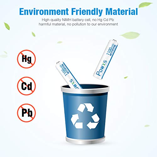 POWXS AAA Rechargeable Batteries, 1.2 Volt 1100mAh Ni-MH Pre-Charged AAA Batteries, High Performance & Long Lasting - 16 Count