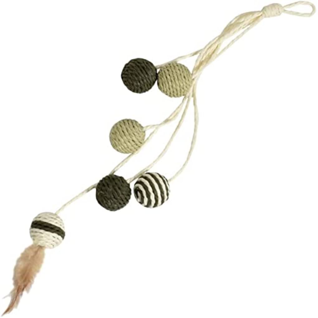 Bobby Bille - Scratching Post Cat Toys in recycled rope, with balls and feathers, to hang, Green, 52 CM