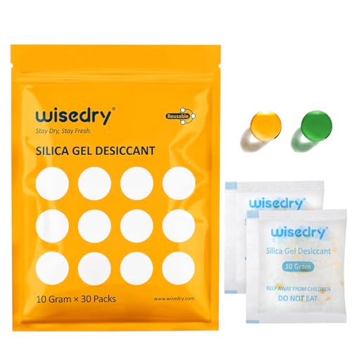 wisedry 10g x 30 Packs Silica Gel Sachets with Orange Pearl Humidity Indicator Dehumidifiers, Food Grade