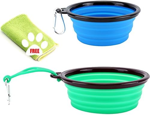 MEQUTION Collapsible Dog Bowl, Dishwasher Safe BPA FREE Food Grade Silicone Portable Pet Bowls, Set of 2 Colors, Foldable Travel Bowls for Feed &amp; Water on Journeys, Hiking, Kennels &amp; Camping