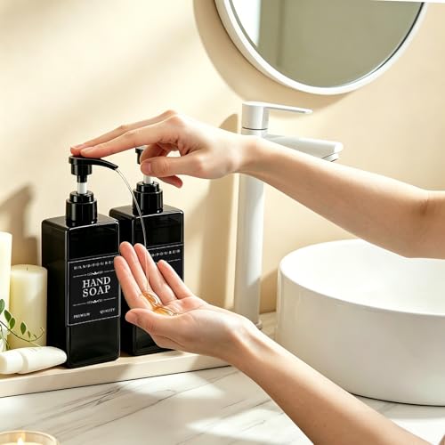 Prebarfun 5Pack Shampoo and Conditioner Dispenser, 500ml Wall Mounted Soap Dispenser, Refillable Shower Bottles, Plastic Pump Bottle with Funnel, Waterproof Labels, for Bathroom, Kitchen,Hotel (Black)