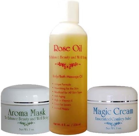 Spa Package Unscented: Rose Oil (8oz)/AromaMask (1oz)/Unscented Comfrey Salve (1oz)