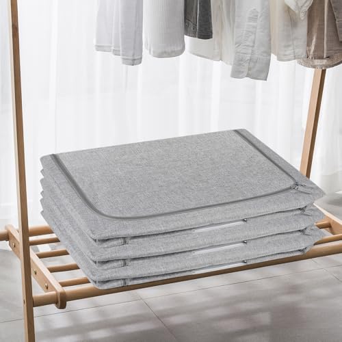 Eyeleaf Storage Bags with Zips, 3PCS Linen Clothes Storage Bag 24L 66L 100L Large Storage Bags Foldable with Metal Frame Lid Clear Window Durable Handles for Clothes Bags (66L)