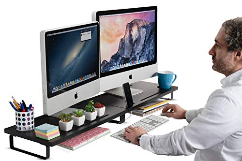 Wallniture Dinan Computer Monitor Riser, Height Adjustable Dual Desktop Monitor Stand with Cup Tablet and Cell Phone Holder, Black, 2 Pack