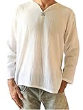 Men's Summer T-Shirt 100% Cotton Thai Hippie Shirt V-Neck Beach Yoga Top (Large, White)