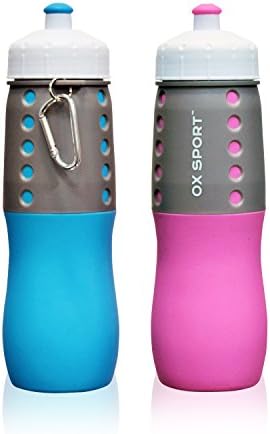 OX Sport Collapsible Sports Water Bottle Blue and Pink Set - 22oz BPA Free w/ Carabiner