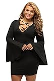 Lalagen Women's Sexy Bell Long Sleeve Lace Up Plus Size Party Mini Dress Black XXXL