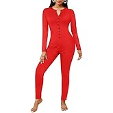 Ekouaer Womens Onesie Adult Button One Piece Pajama Long Sleeve Onesie Pajamas Jumpsuit Sleepwear for Women