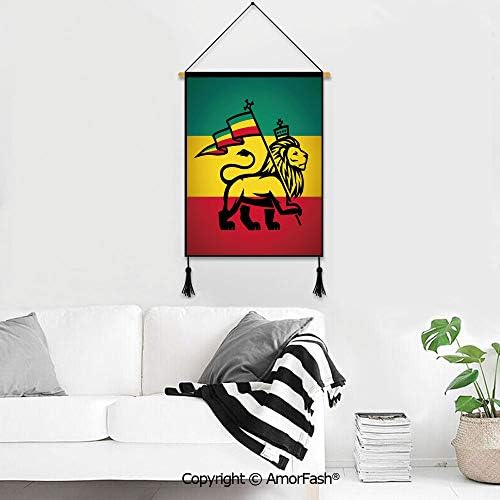 PUTIEN Tapestry Wall Hanging Cotton Linen Wall Art,Rasta Modern Home Decor Judah Lion with a Rastafari Flag King Jungle Reggae Theme Art Print Decorative