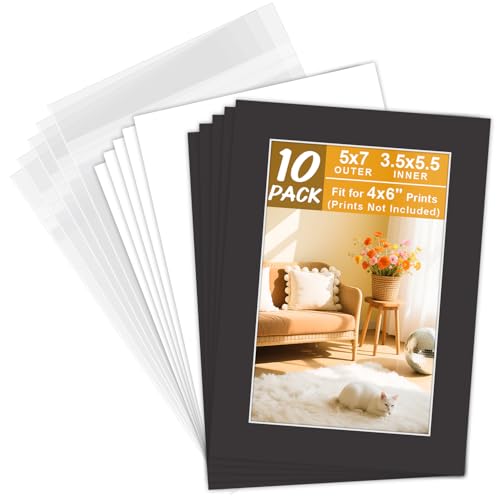 Golden State Art, Acid Free, Pack of 10 5x7 Black Picture Mats Mattes with White Core Bevel Cut for 4x6 Photo + Backing + Bags
