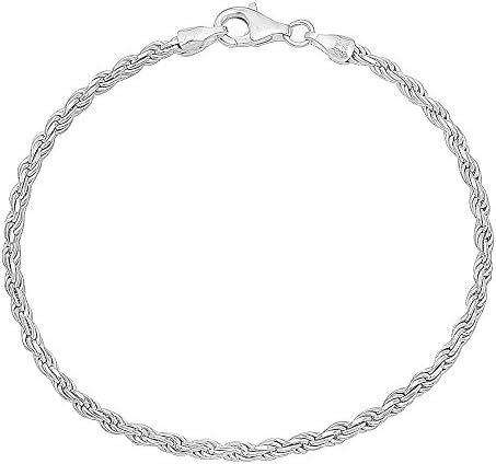 2.6mm 925 Sterling Silver Nickel-Free Diamond-Cut Rope Link Italian Bracelet, 7" + Cleaning Cloth