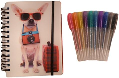 Puppy Dog Journal and Glitter Gel Pen Bundle - 2 items: Dog Journal and 10 CT Glitter Gel Pen Set (Chihuahua with Camera)
