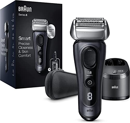 Braun Series 8 Rasierer Herren mit 3+1 Scherkopf, Elektrorasierer & Trimmer für Präzision, Sonic-Technologie & 40°-Kopf mit Konturenanpassung, Reinigungsstation, Wet & Dry, 8463cc, grau
