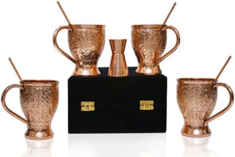 COPPER INDIA INC 100% Copper Moscow Mule Mugs / Moscow mule copper mugs / copper cups Hammered 16 oz - Set of 4 (four) with 1 jigger and 4 straws / stir sticks in velvet covered sturdy wooden gift box