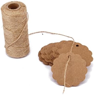 TIAMALL 100PCS Paper Gift Tags with 300 Feet Natural Jute Twine (Round)