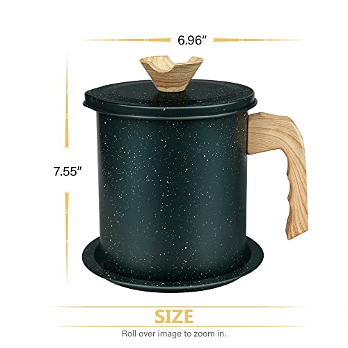 Bacon Grease Container with Strainer 1.4 L / 6 Cup Stainless Steel Kitchen Oil Can Filter with Fine Mesh Strainer, Lid and Drip Tray for Used Cooking Oil, Fat, Frying Oil (DARK GREEN)