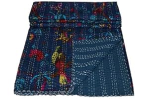 Rajasthaniartdecor Indian Reversible Kantha Quilt for Living Dorm Room Bed Cover Handmade Stitched Pure Cotton Bird Print Bedspread Kantha Quilt (Blue, King (90x108 Inch)) (RAD00V-9)