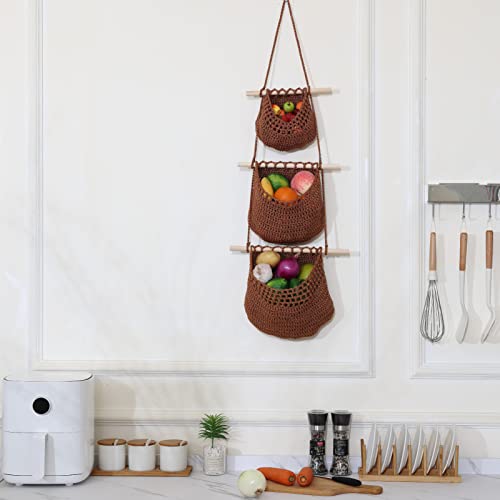 Hanging Kitchen Storage Basket, Brown 3 Tier Wall Hanging Fruit Baskets Cotton Woven Pantry Organizer Vegetable Keeper Boho Home Decorative Planter Holder With 3 Hooks & 3 Adhesive Hooks
