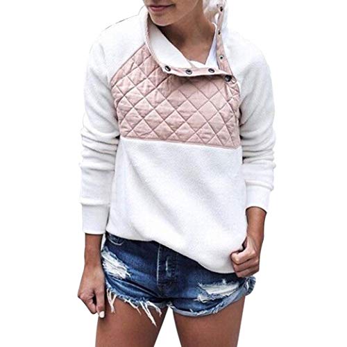 Rambling Women's Warm Long Sleeves Oblique Button Neck Splice Geometric Pattern Fleece Pullover Coat Sweatshirts Outwear White
