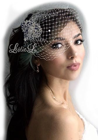 Leslie Li Women's Birdcage Bridal Veil &amp; Curled Vines Crystal Heart Brooch White/Silver 27-432