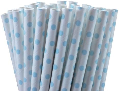 25 Paper Drinking Straws Baby Blue Small Dots 7.75" Retro Vintage Style Durable