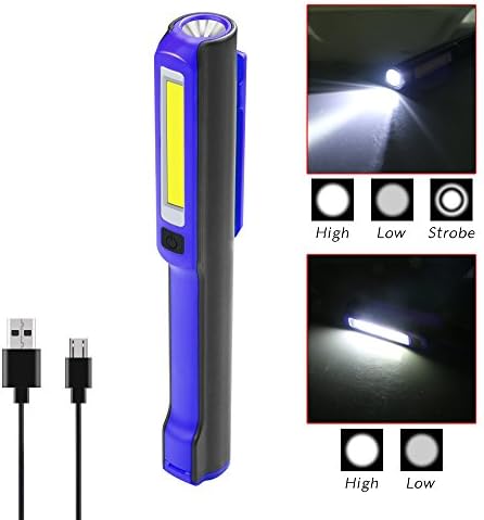 USB Rechargeable Work Light, Portable COB Work Inspection Lights+LED Flashlight with Magnetic Base & 120° Rotating Clip, Multi Dimming Modes, for Car Truck Repair,Home Using, Emergency (blue)