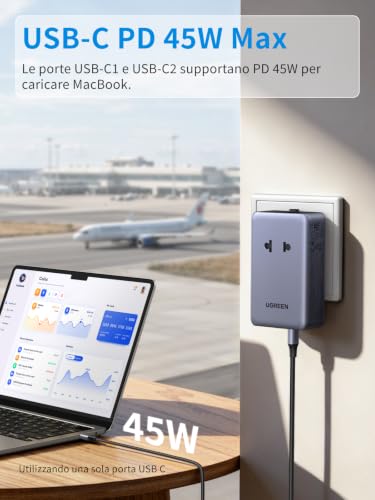 UGREEN 6 IN 1 Adattatore Universale da Viaggio PD 45W 2 Prese AC 2 USB C 2 USB A Presa Universale da Viaggio Tipo A I G C E K per Italia UK USA Germania Canada Australia Thailandia Giappone Cina
