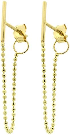 Automic Gold Solid 14k Yellow, White or Rose Gold Bead Chain Line Dangle Earrings