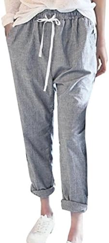 Sunbona Women Wide Leg Pants, High Waist Striped Cotton Linen Elastic Waist Casual Loose Trousers