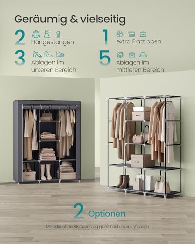 Kleiderschrank, Garderobe, Kleiderständer mit Vliesstoffbezug, Hängestangen, Ablagen, 45 x 130 x 168 cm, große Kapazität, für Schlafzimmer, Wohnzimmer, Taubengrau RYG096G01