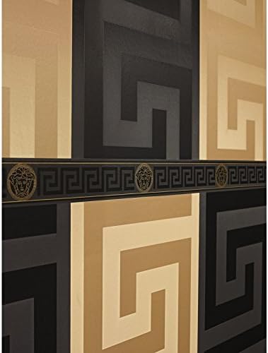 Band Wallpaper Versace 3 – 93522 – 4 Black With Raised Gold Versace Claw-Set and Greek Roman Satin Glossy Black