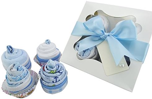 Baby Shower Gifts – Cupcake Set with Face Cloth, Baby Boy Socks, New Baby Clothes and a Bandana Bib for New Born Baby Boy