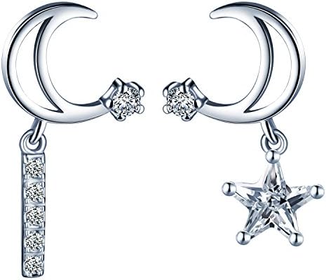 Yumilok Jewelry Moon and Star 925 Sterling Silver Cubic Zirconia Asymmetric Irregular Stud Dangle Earrings for Women/Ladies/Girls