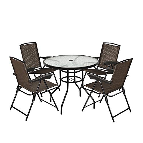 Goplus 5-Piece Bistro Set Outdoor Patio Furniture Weather Resistant Garden Round Table and 4 Fol ...