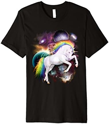 Mens Premium "Kitty Cat Riding a Unicorn" Space Unicorn T-shirt Large Black