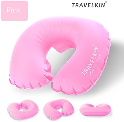 Inflatable U-Shape Neck Pillow, Travel Airplane Neck Pillow Set(U-Shape Pillow+Eye Mask+2 Earplugs) (Pink)