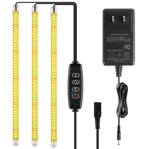 iPower 40W Full Spectrum LED Plant Grow Light Strips for Indoor Plants with Auto ON/Off 3/9/12H Timer, 10 Dimmable Levels 48 LEDs Per Tude, for Hydroponics Succulent, 3 Tubes, Yellow