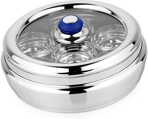 LiMETRO Stainless Steel Masala (Spice) Box/Dabba/Organiser with 7 Containers and Small Spoon Size No. 11 (18 cm Dia) (1000 ML Capacity) - 1000 ml Steel Spice Container (Silver)