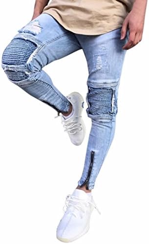 Morecome Mens Slim Fit Motorcycle Denim Jeans Teen Boy Hip-hop Vintage Streetwear Pants